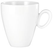 Weißer Becher mit Henkel, seitliche Perspektive