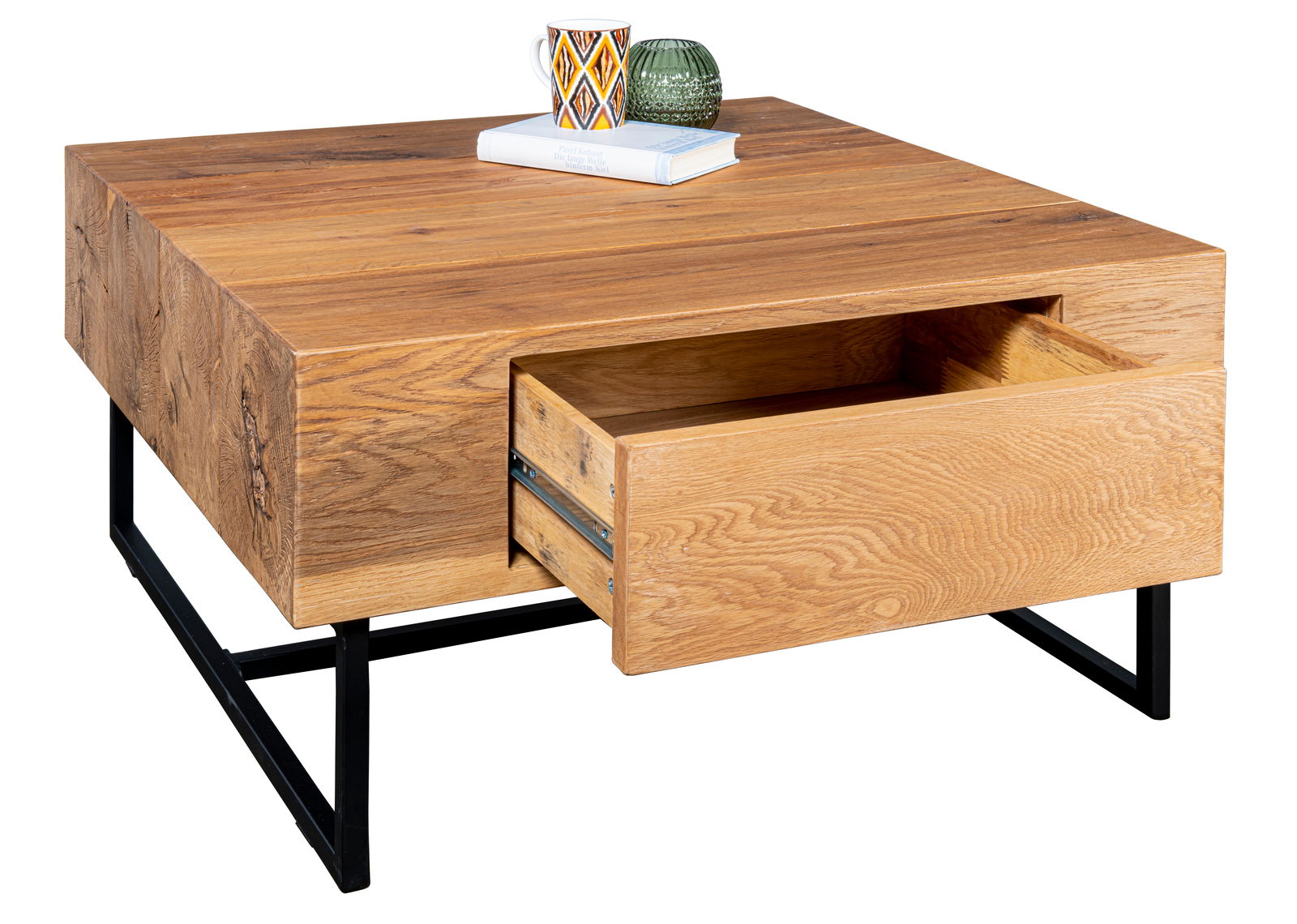 Moderner Couchtisch aus Holz mit Schublade, auf schwarzem Metallgestell, Perspektive von vorne rechts