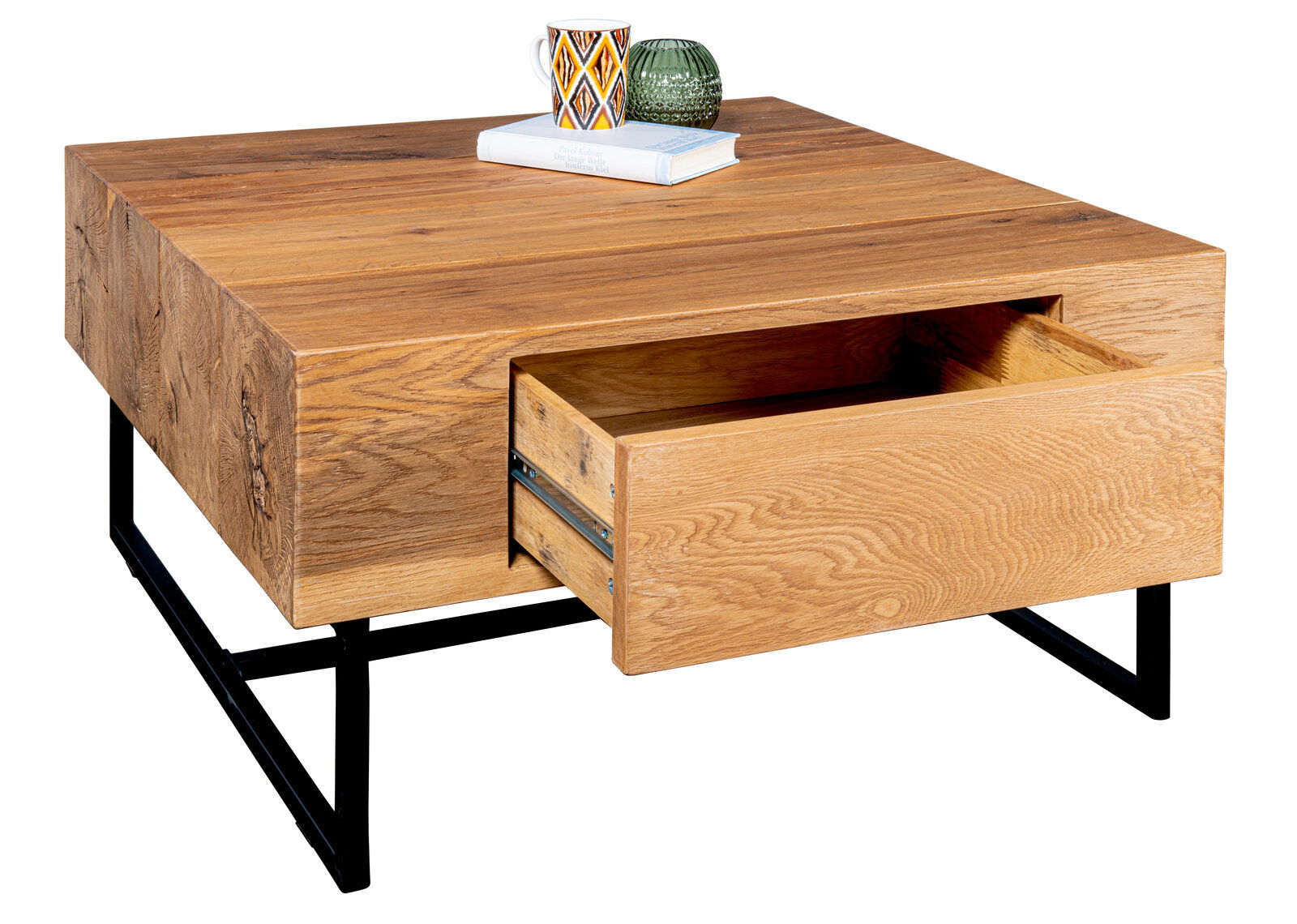 Moderner Couchtisch aus Holz mit Schublade, auf schwarzem Metallgestell, Perspektive von vorne rechts