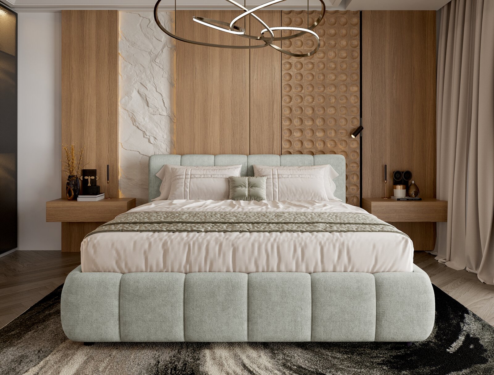 Modernes Polsterbettgestell in einem stilvollen Schlafzimmer mit Holzverkleidung und eleganter Beleuchtung, Vorderansicht.