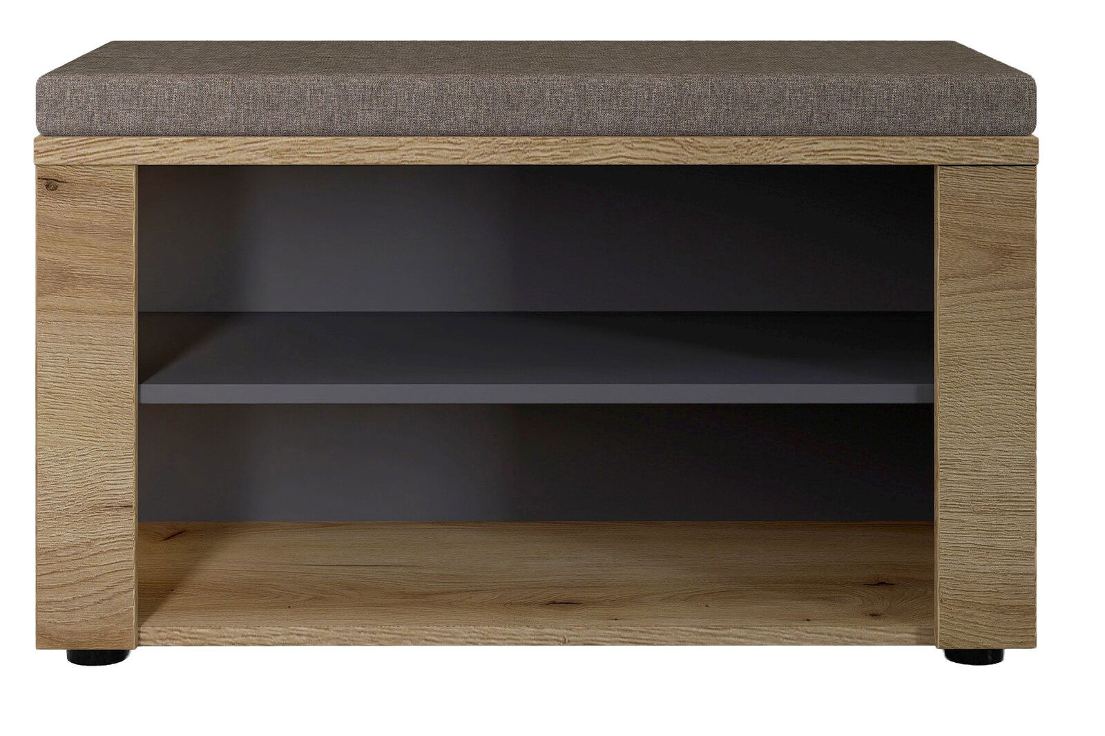 Frontale Ansicht einer modernen Garderobenbank mit Holzoptik und gepolstertem Sitzkissen, darunter zwei offene Ablagefächer.