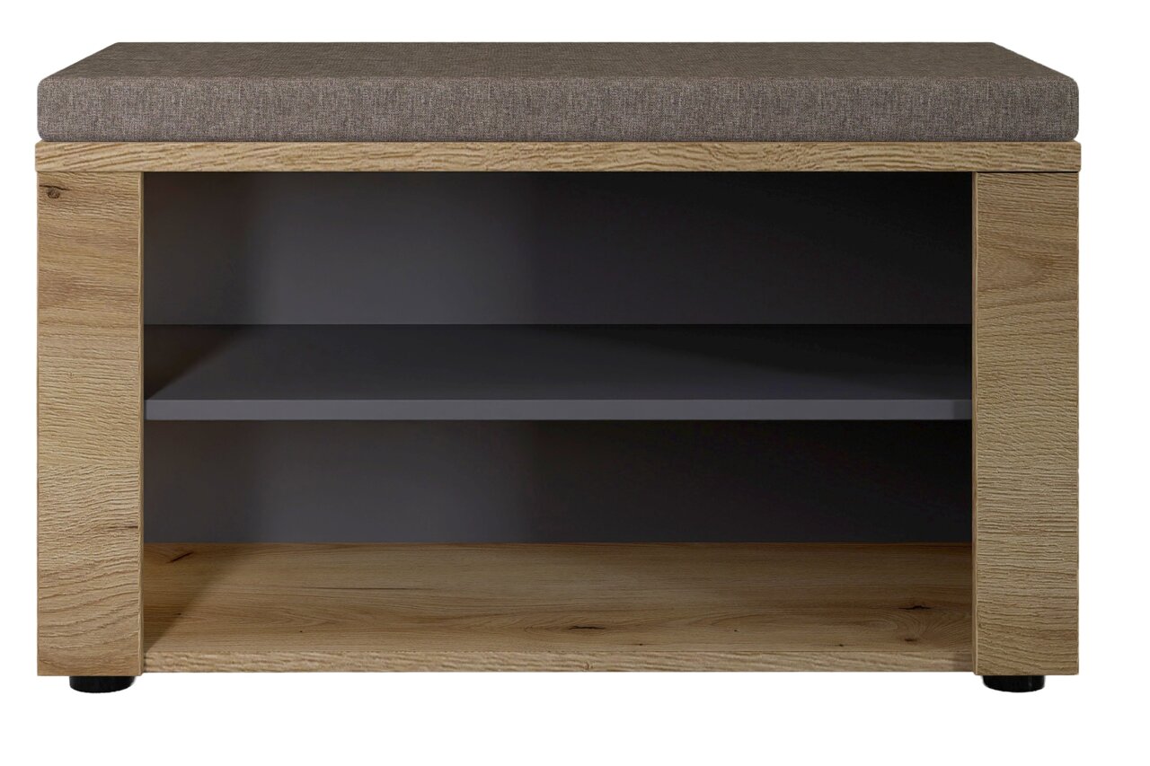 Frontale Ansicht einer modernen Garderobenbank mit Holzoptik und gepolstertem Sitzkissen, darunter zwei offene Ablagefächer.
