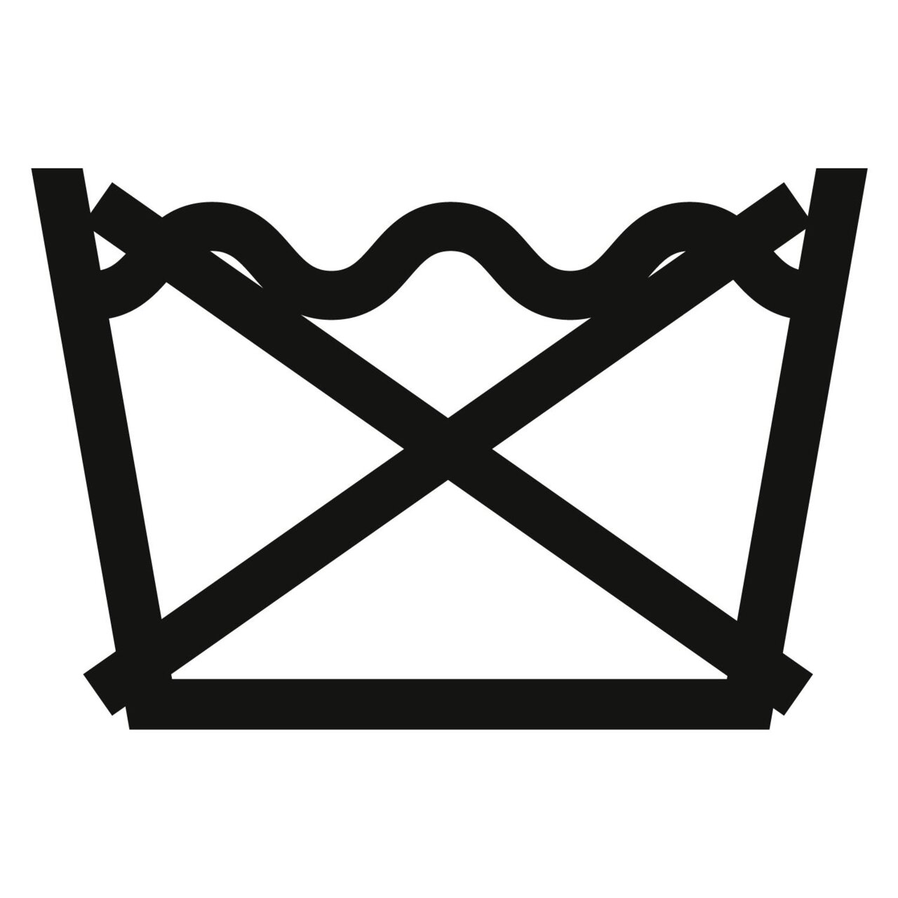 Symbol für nicht waschbar, schwarze Linien auf weißem Hintergrund, Frontalansicht