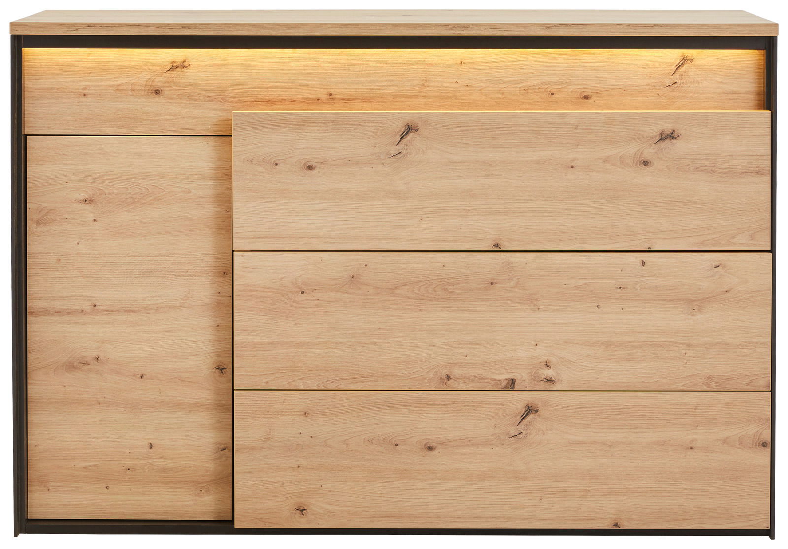 Kommode aus hellem Holz mit drei Schubladen und einer Tür, Frontansicht, mit integrierter Beleuchtung oben