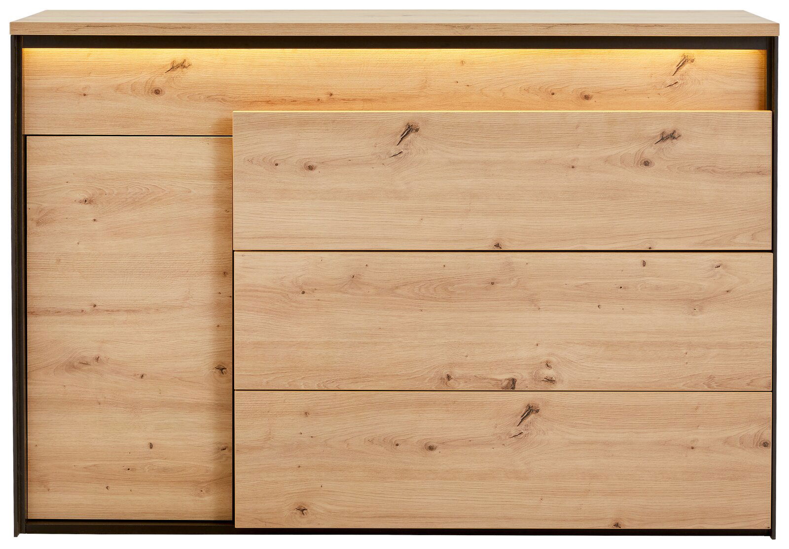 Kommode aus hellem Holz mit drei Schubladen und einer Tür, Frontansicht, mit integrierter Beleuchtung oben