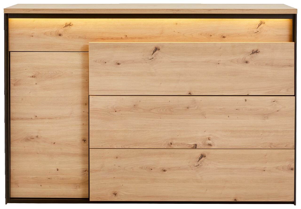 Commode van licht hout met drie lades en een deur, vooraanzicht, met ingebouwde verlichting bovenaan