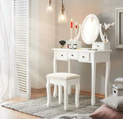 Weißer Schminktisch mit ovalem Spiegel und Hocker, seitliche Perspektive