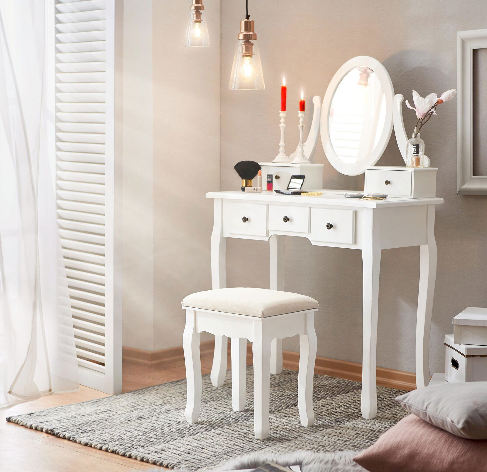 Landscape Schminktisch SIMONE Weißer Schminktisch mit ovalem Spiegel und Hocker, seitliche Perspektive