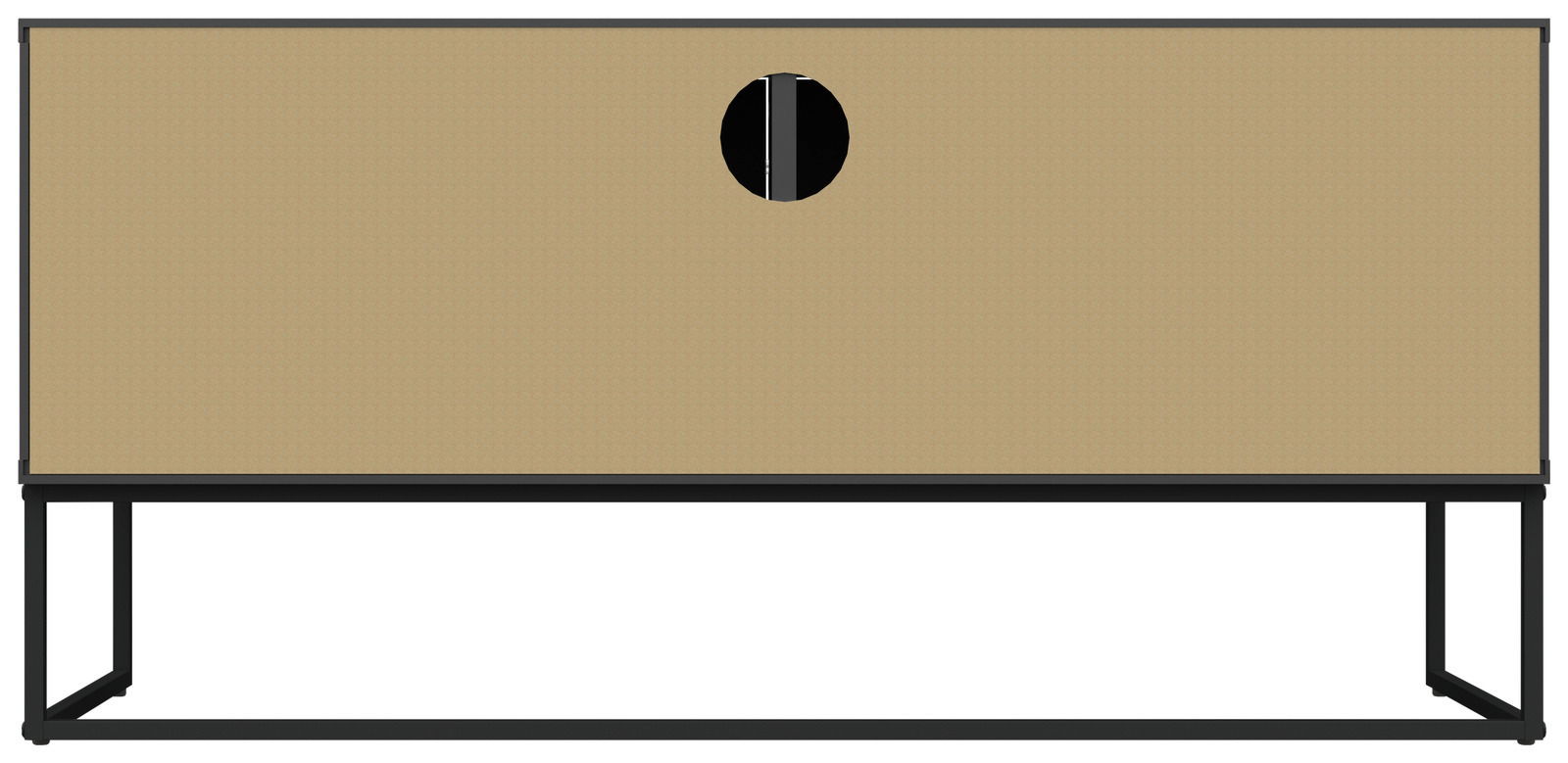 TV-Lowboard mit modernem Design, rechteckige Form, beige Front und schwarzem Metallgestell, Vorderansicht