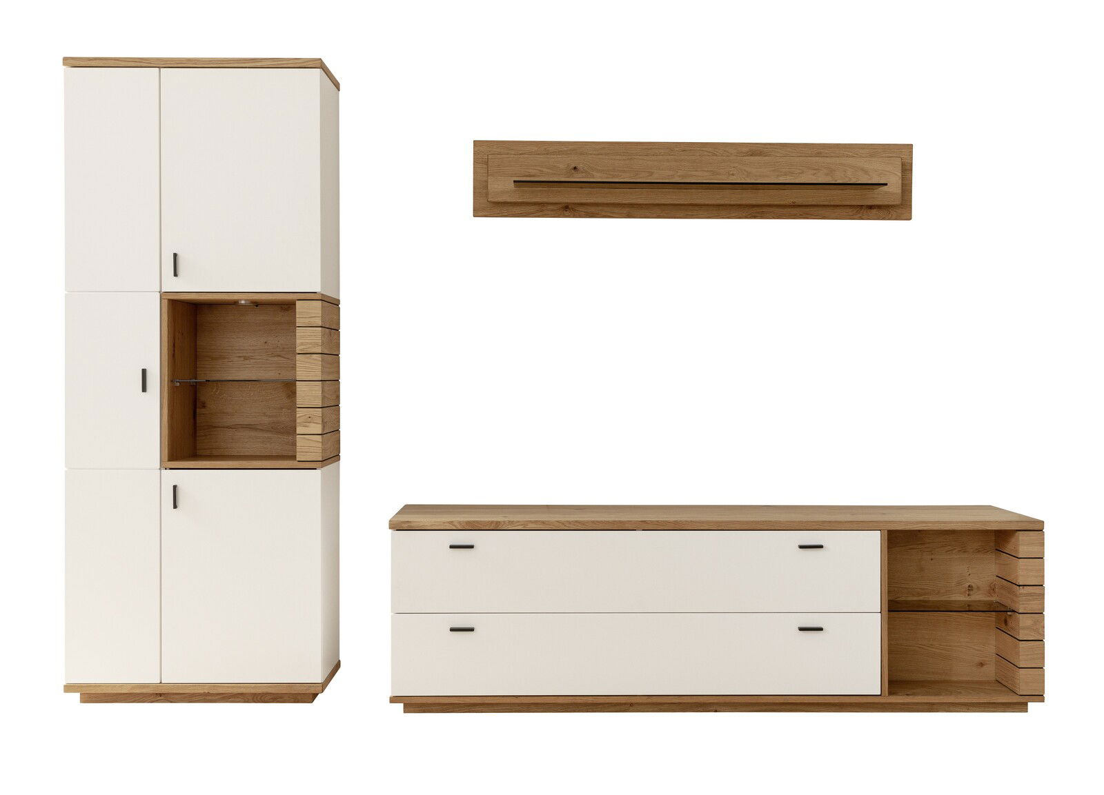 Novel Wandkombination MANITOBA Wandkombination MANITOBA in moderner Perspektive, bestehend aus einem hohen Schrank mit weißen Türen und Holzelementen sowie einem niedrigen Sideboard mit Schubladen und einem Wandregal.