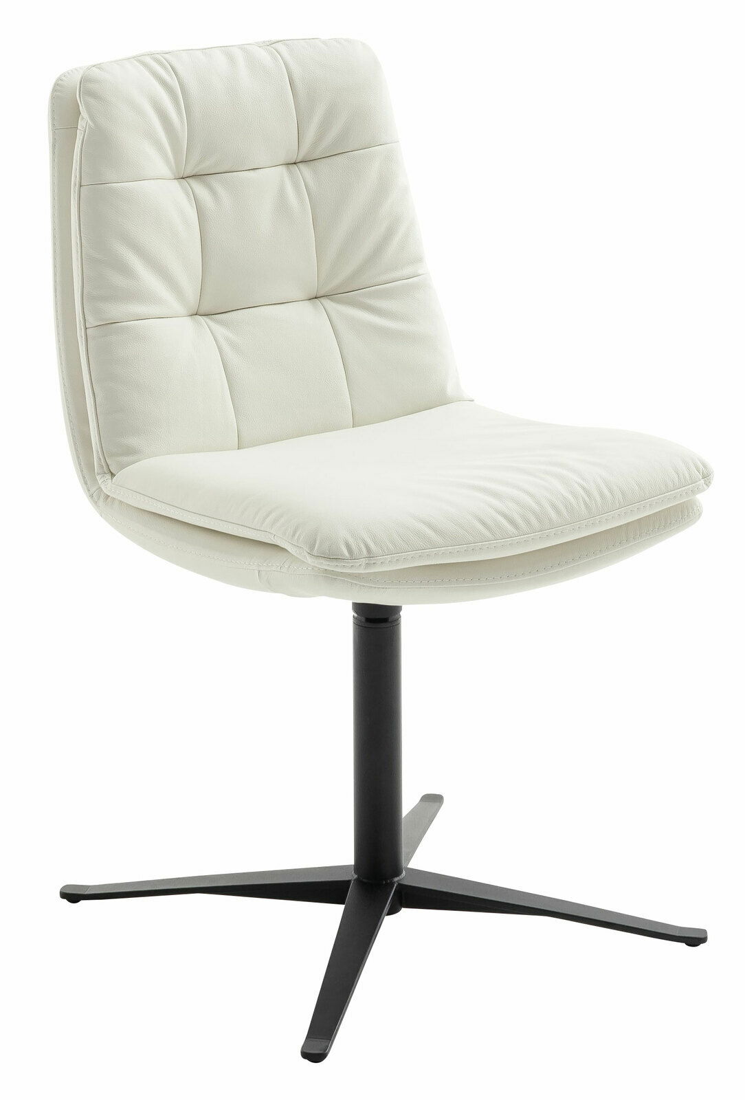 Moderner weißer Stuhl mit gepolsterter Sitzfläche und Rückenlehne, auf schwarzem Metallfuß, seitliche Perspektive