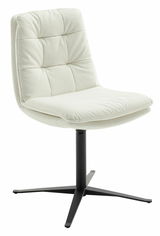 Moderner weißer Stuhl mit gepolsterter Sitzfläche und Rückenlehne, auf schwarzem Metallfuß, seitliche Perspektive