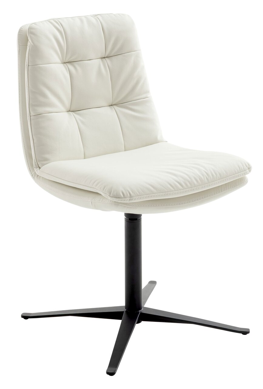 Johann Jakob Stuhl FLAME Moderner weißer Stuhl mit gepolsterter Sitzfläche und Rückenlehne, auf schwarzem Metallfuß, seitliche Perspektive