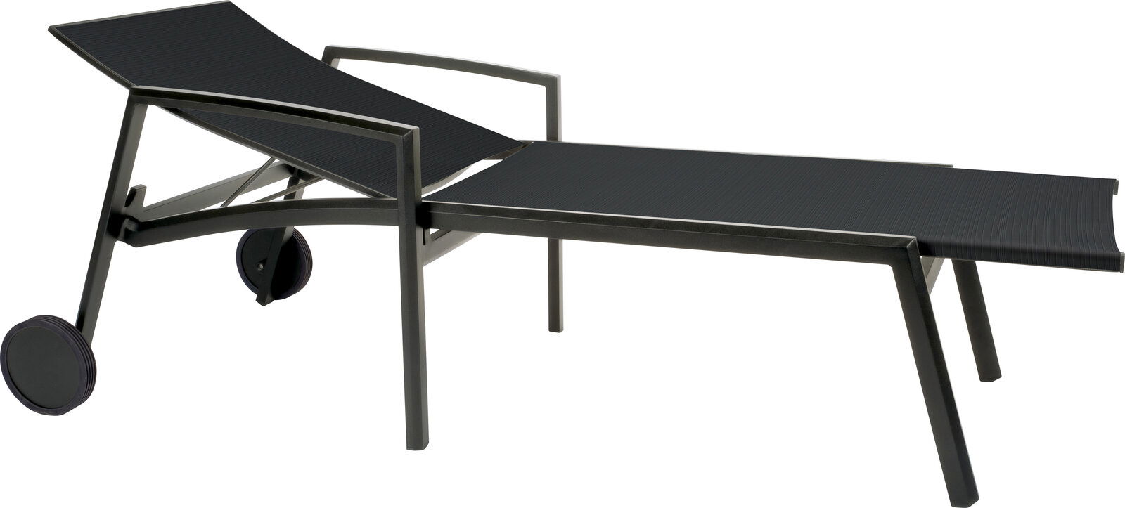 Seitliche Ansicht einer modernen schwarzen Rollenliege mit Metallrahmen und zwei Rädern.