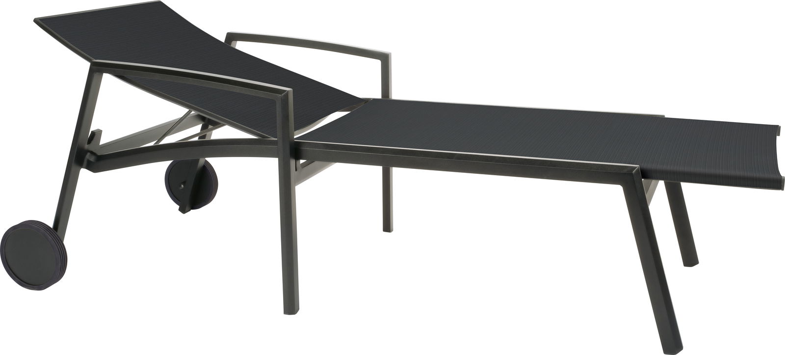 Seitliche Ansicht einer modernen schwarzen Rollenliege mit Metallrahmen und zwei Rädern.