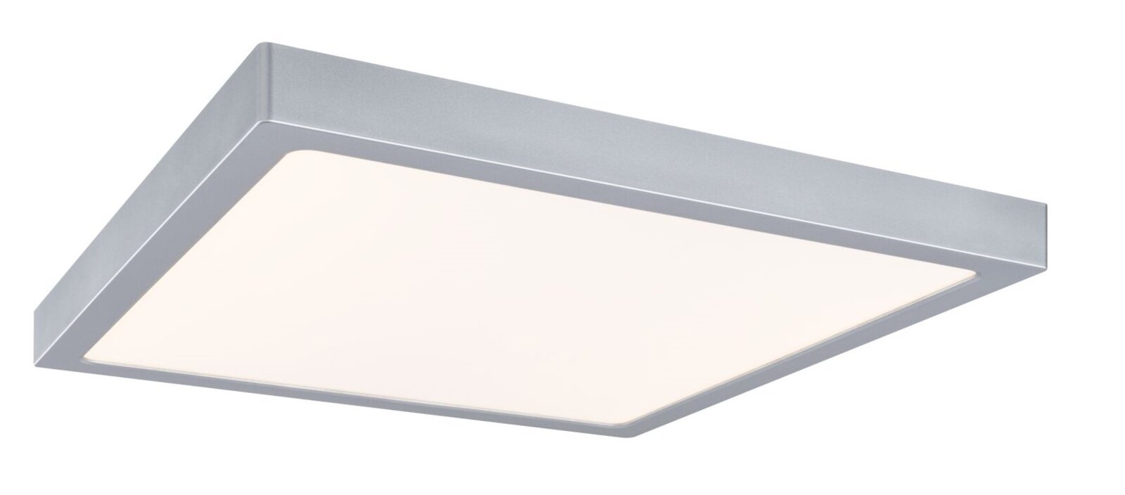 Quadratische, flache LED-Deckenleuchte in Silber mit opaler Abdeckung, schräg von unten in Perspektive fotografiert