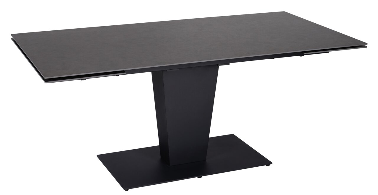 Moderne zwarte eettafel met rechthoekig tafelblad en centrale poot, zijaanzicht