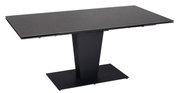 Moderne zwarte eettafel met rechthoekig tafelblad en centrale poot, zijaanzicht