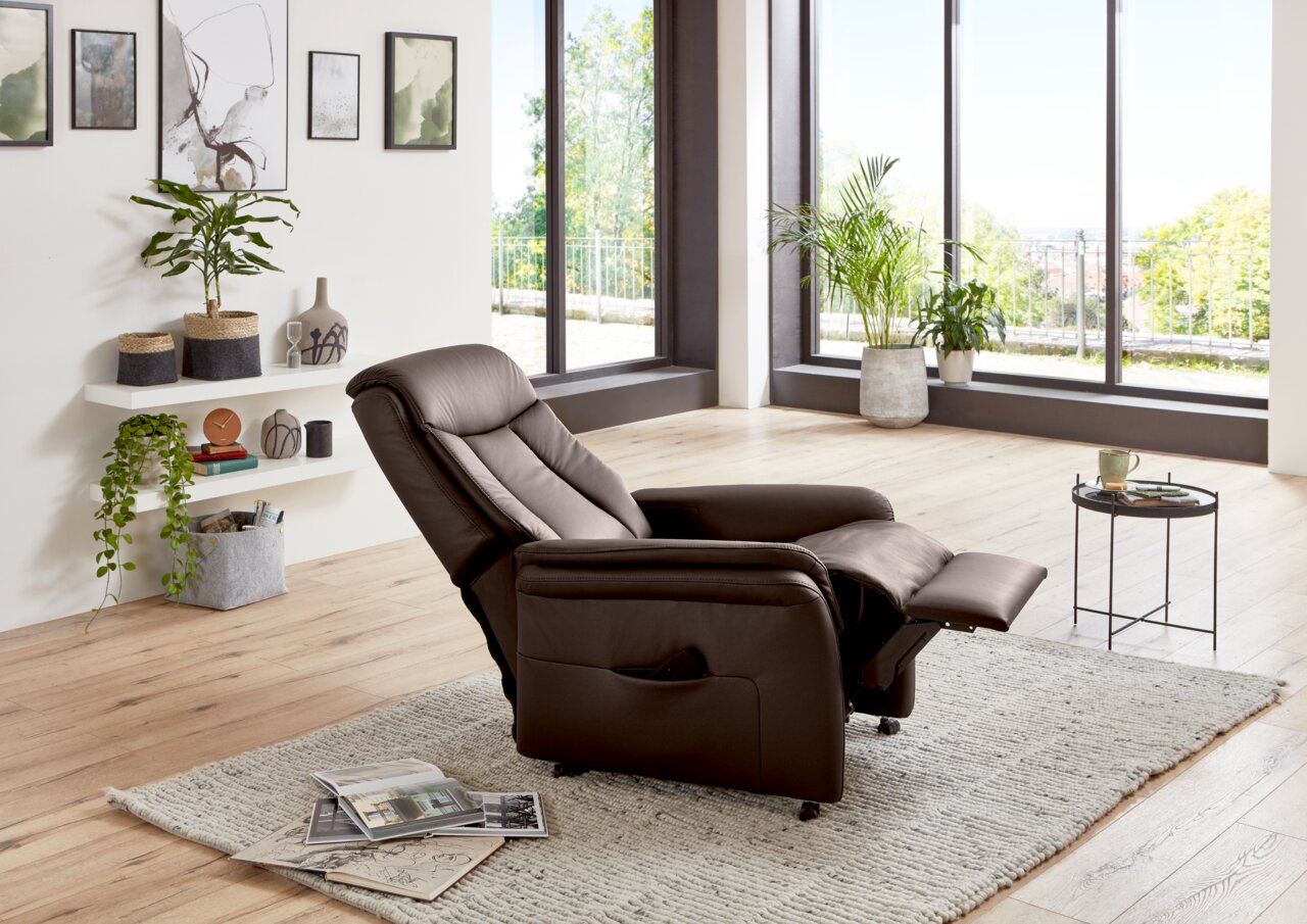 Moderne bruine relaxfauteuil in een lichte woonkamer met grote ramen, zijaanzicht
