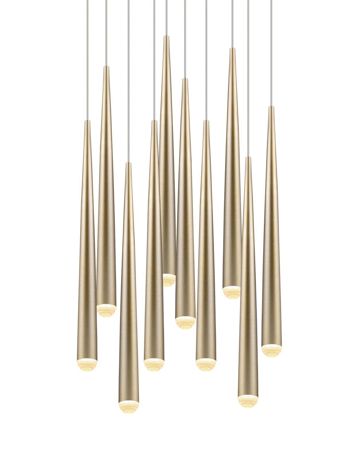 Mehrere goldene, konische Pendelleuchten in einer Gruppe, von unten betrachtet.