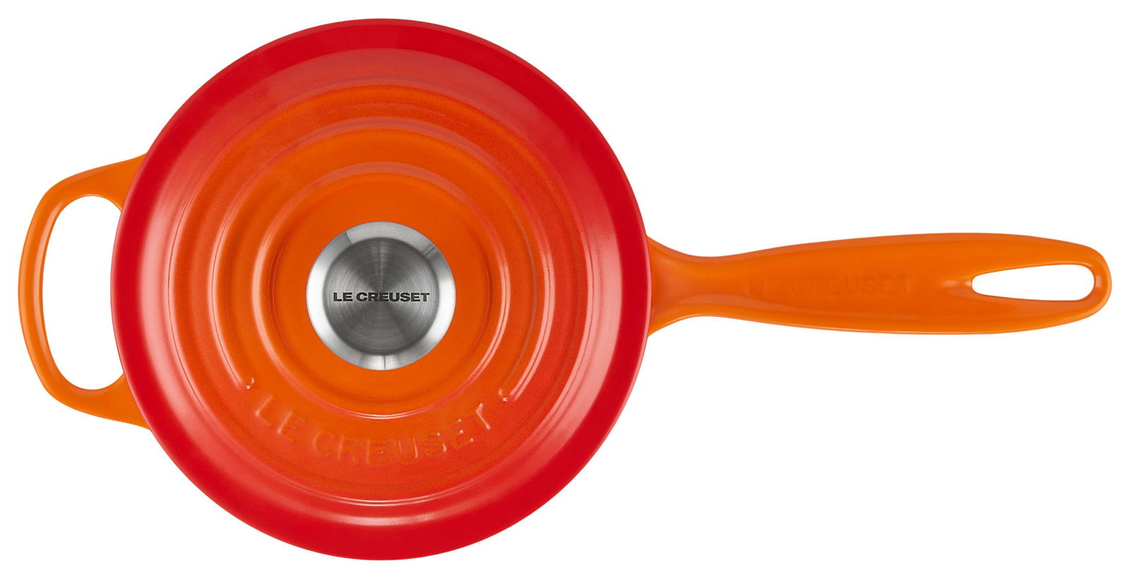 Runde Stielkasserolle 16 cm in leuchtendem Orange und Rot, Draufsicht