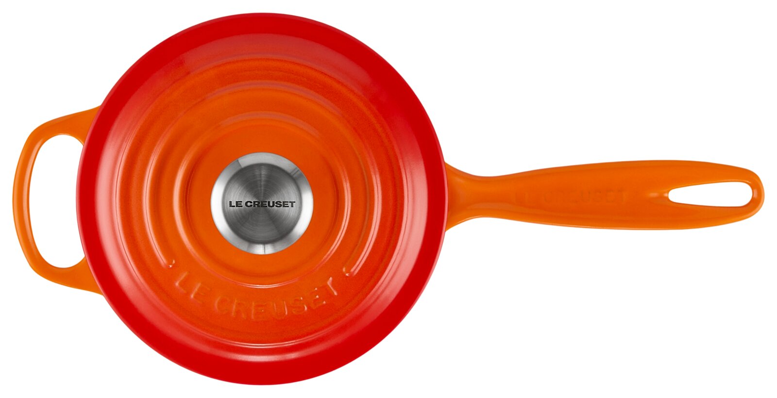 Runde Stielkasserolle 16 cm in leuchtendem Orange und Rot, Draufsicht