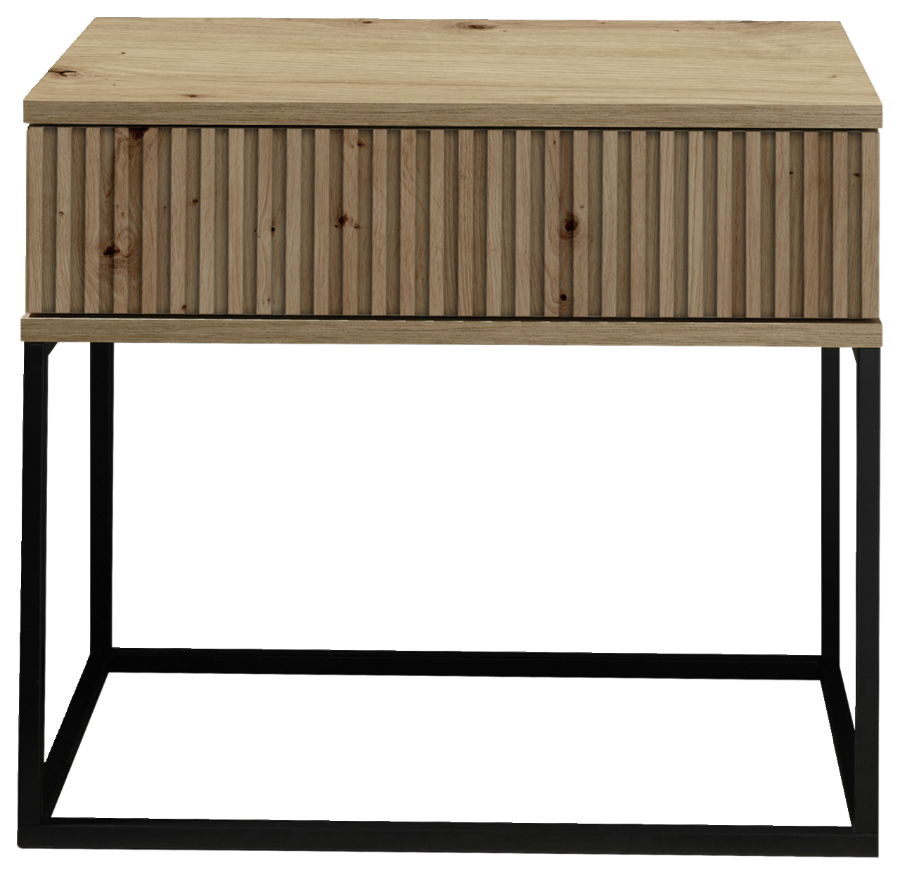 Nachtkommode aus Holz mit geriffelter Front und Metallgestell, Frontalansicht