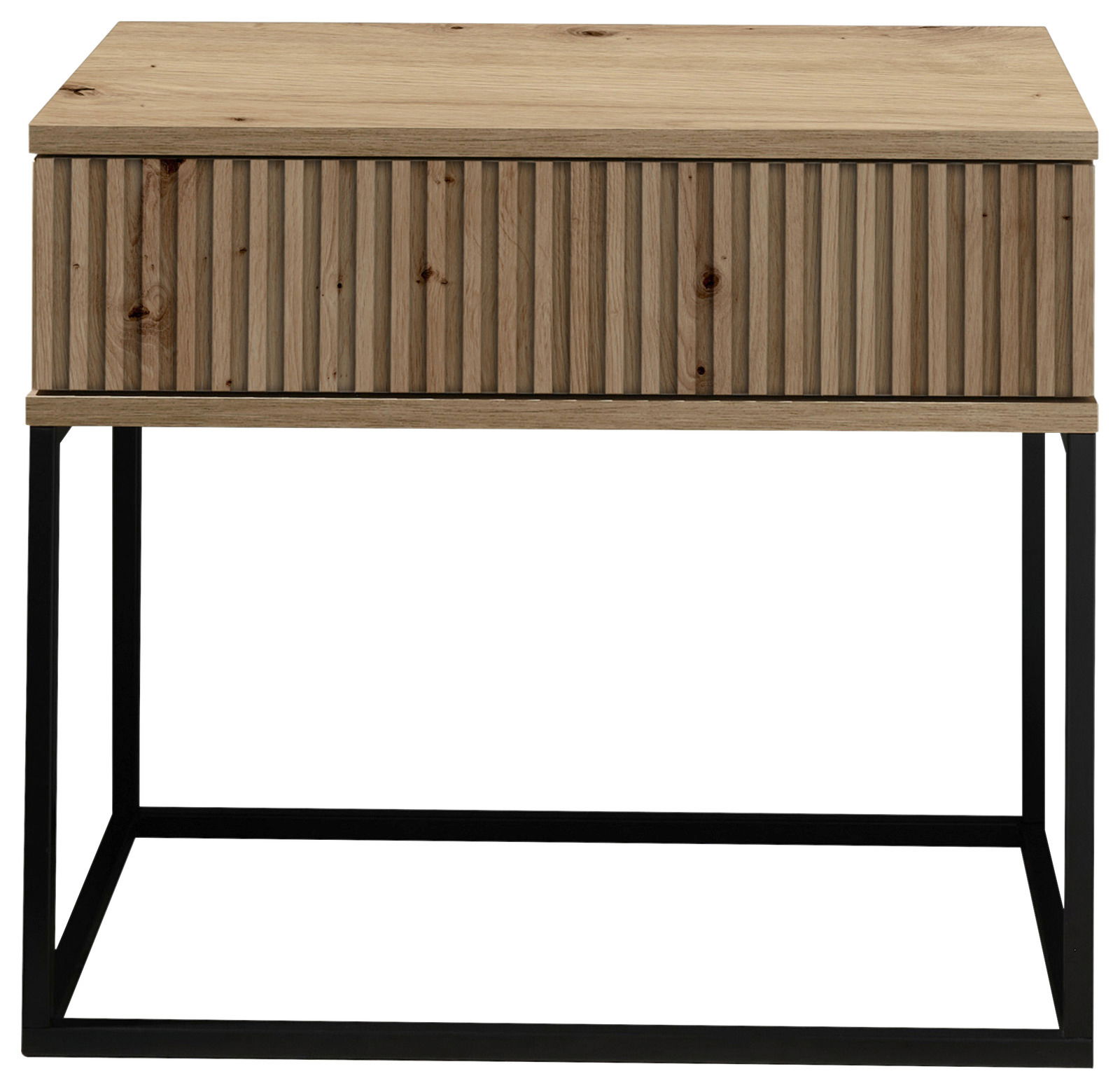 Nachtkommode aus Holz mit geriffelter Front und Metallgestell, Frontalansicht