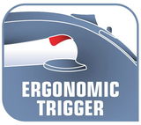 Illustration eines Dampfbügeleisens mit ergonomischem Griff aus seitlicher Perspektive.