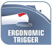 Illustration eines Dampfbügeleisens mit ergonomischem Griff aus seitlicher Perspektive.