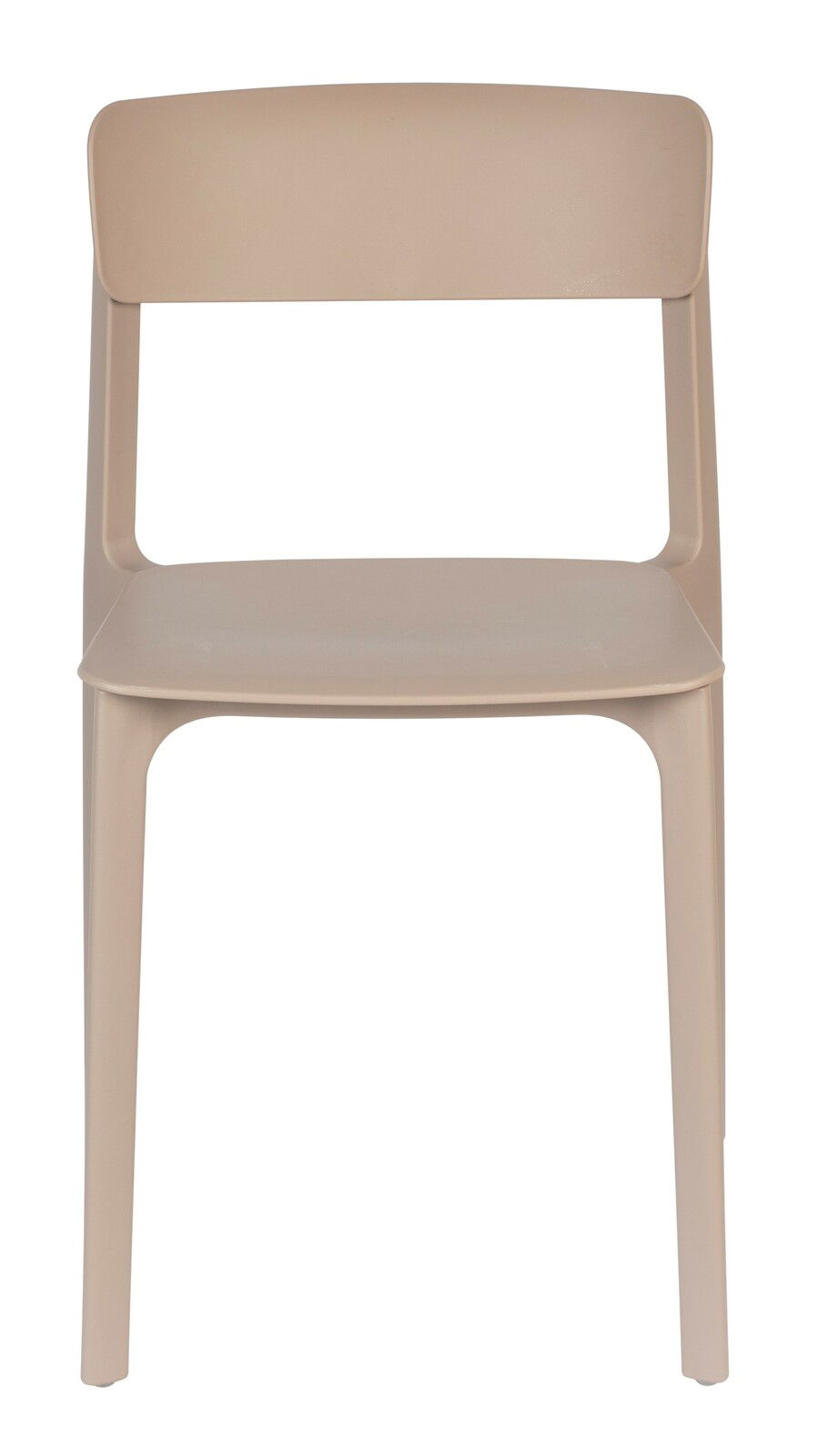 Moderner, beiger Stuhl aus Kunststoff, frontal fotografiert.