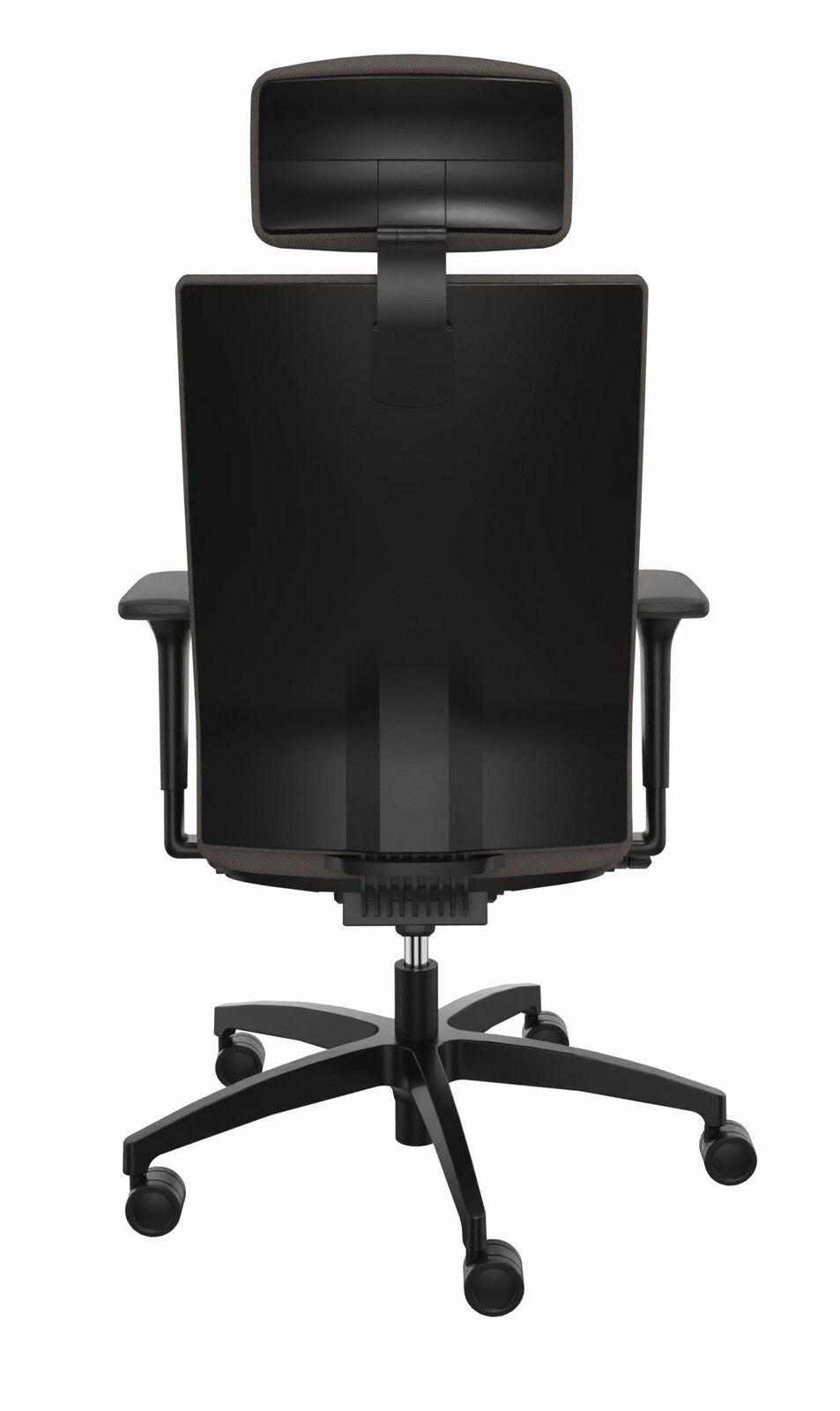 Rückansicht eines schwarzen Drehstuhls mit Kopfstütze und Armlehnen