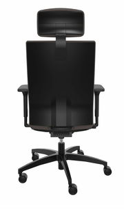 Rückansicht eines schwarzen Drehstuhls mit Kopfstütze und Armlehnen