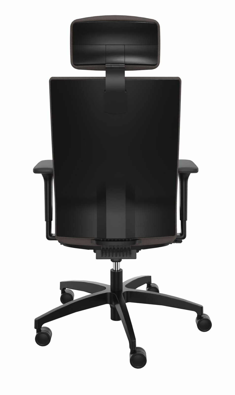 Rückansicht eines schwarzen Drehstuhls mit Kopfstütze und Armlehnen