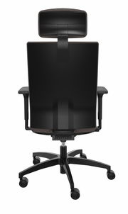 Rückansicht eines schwarzen Drehstuhls mit Kopfstütze und Armlehnen