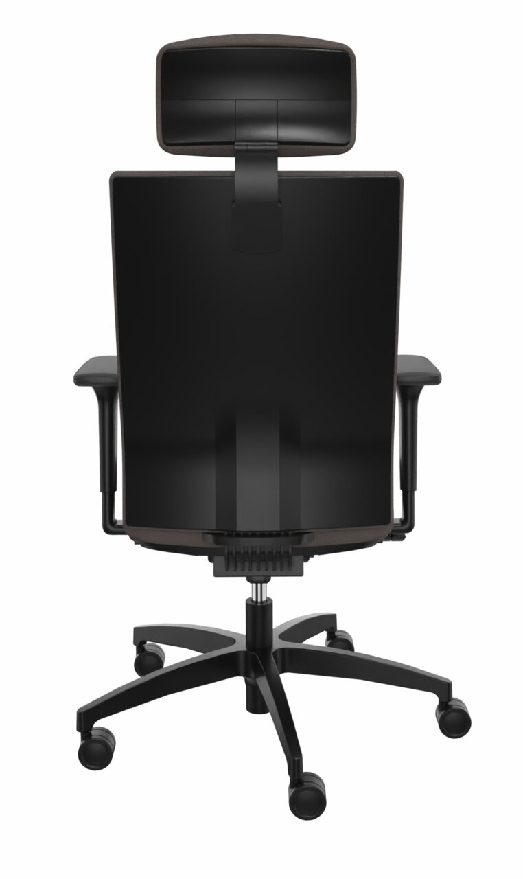 Rückansicht eines schwarzen Drehstuhls mit Kopfstütze und Armlehnen