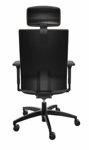 Rückansicht eines schwarzen Drehstuhls mit Kopfstütze und Armlehnen