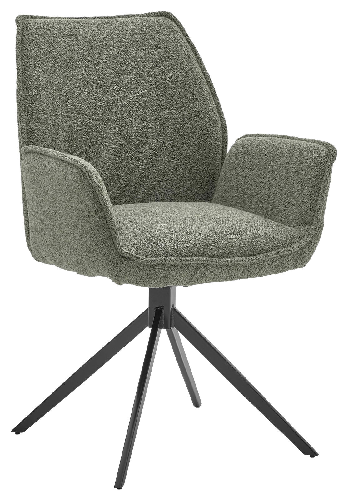 Grüner Armlehnstuhl mit modernem Design, seitliche Perspektive