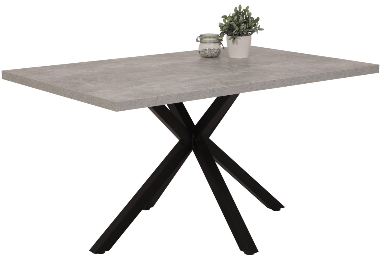Z2 Esstisch CLEO Moderner Esstisch mit grauer Tischplatte und schwarzem Kreuzgestell, seitliche Perspektive