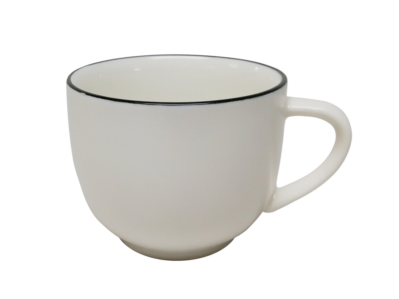 Weiße Espressotasse mit schwarzem Rand, seitliche Perspektive