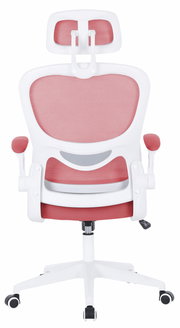 Rückansicht eines modernen Drehstuhls mit weißem Rahmen und rotem Netzbezug, verstellbarer Kopfstütze und Armlehnen.