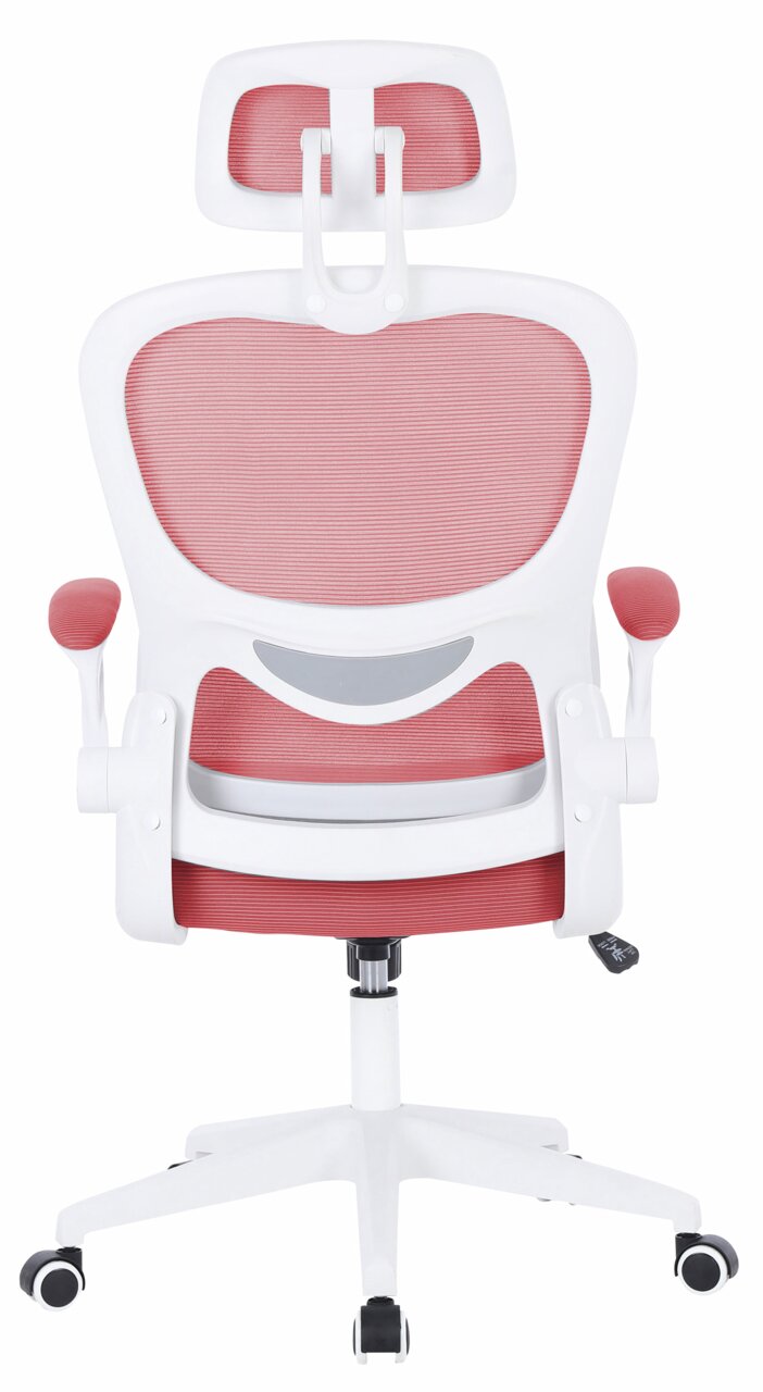 Rückansicht eines modernen Drehstuhls mit weißem Rahmen und rotem Netzbezug, verstellbarer Kopfstütze und Armlehnen.