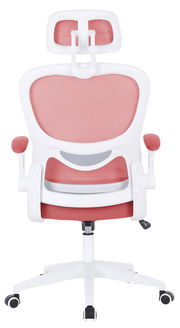 Rückansicht eines modernen Drehstuhls mit weißem Rahmen und rotem Netzbezug, verstellbarer Kopfstütze und Armlehnen.