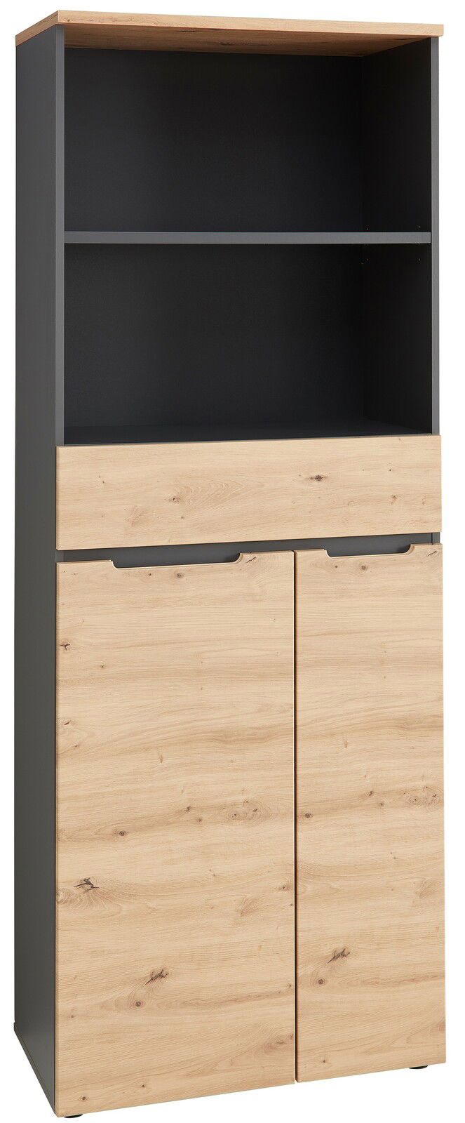 Regalschrank Voleo DETROIT in Holzoptik mit zwei Türen und einem offenen Regal, Frontalansicht