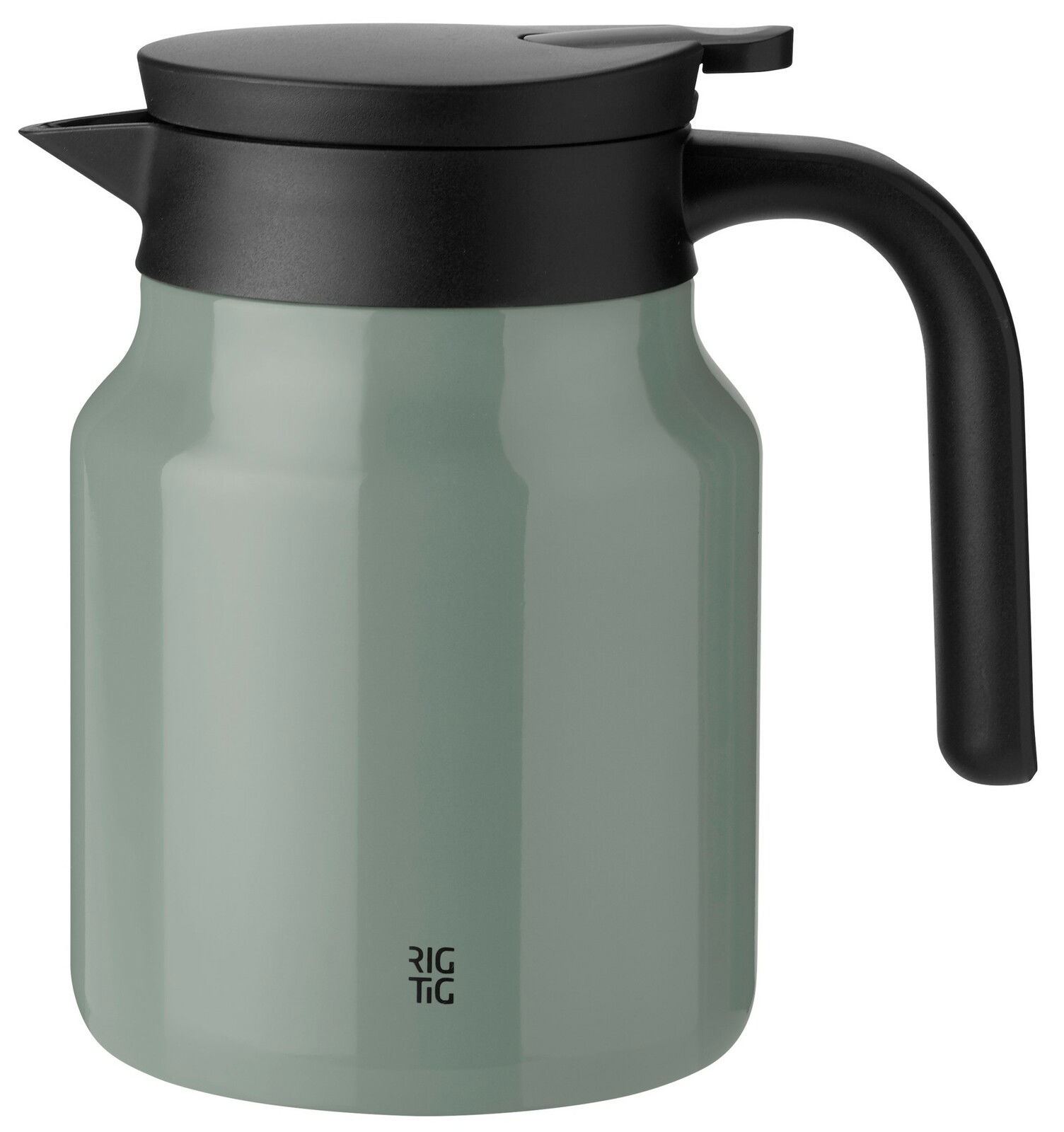 Grüne Isolierkanne mit schwarzem Deckel und Griff, seitliche Perspektive