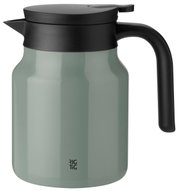 Groene thermoskan met zwarte deksel en handvat, zijaanzicht