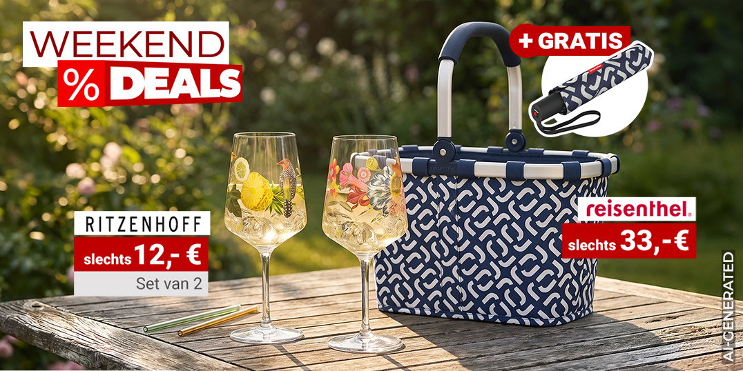 KI-gegenereerd: Weekenddeals met Ritzenhoff-glazen en reisenthel boodschappenmand met gratis paraplu in de tuin.