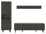 Wohnkombination in dunklem Design mit hohem Schrank, TV-Bank und Wandregal, frontale Ansicht