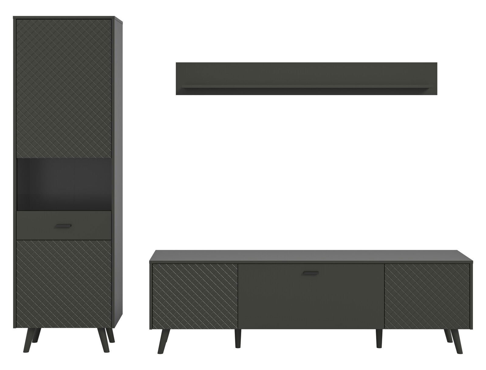 Wohnkombination in dunklem Design mit hohem Schrank, TV-Bank und Wandregal, frontale Ansicht