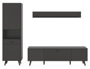 Wohnkombination in dunklem Design mit hohem Schrank, TV-Bank und Wandregal, frontale Ansicht